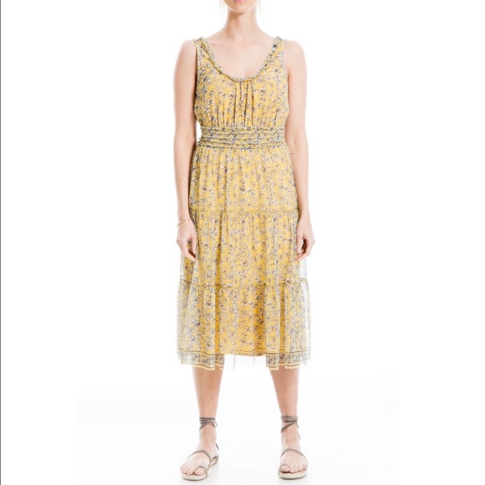 Max Studio Yellow Floral Mesh Midi Dress Sleeveless Size Small